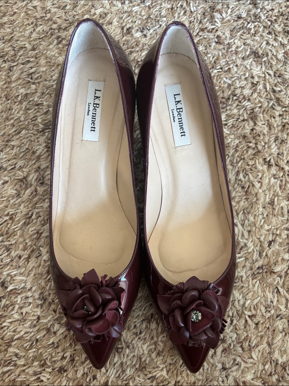 LK Bennett Burgundy Patent Pointed Toe Floral Pumps